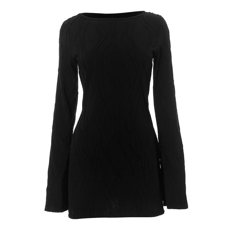 Long sleeve textured crewneck solid mini dress-final-sale