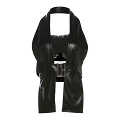 Halter lace hem PU leather 2 piece ruched top