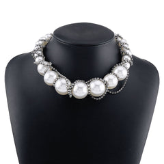 Faux pearl rhinestone beaded choker necklace