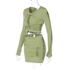 Long sleeve solid hollow out round neck ruched crop top skirt set-final-sale