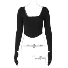 Long sleeve solid u neck gloves crop top-final-sale