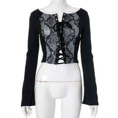 Long sleeve print lace up top