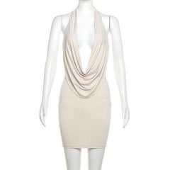 Halter cowl neck beaded low cut mini dress