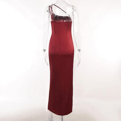 Solid satin ruched one shoulder slit midi dress-final-sale