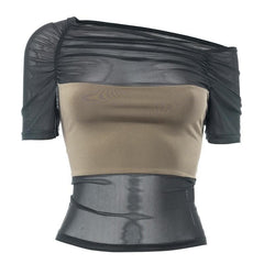 Mesh contrast patchwork short sleeve off shoulder ruched top-final-sale