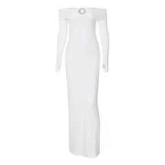 Off shoulder long sleeve slit o ring maxi dress