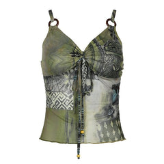 O ring ruched patchwork beaded mesh knotted cami top