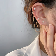 Faux pearl layered metal chain stud earrings