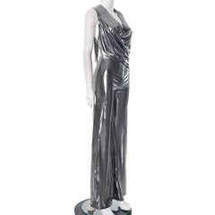 Metallic ruched halter self tie cowl neck jumpsuit