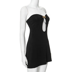 Metal applique hollow out solid tube cut out mini dress