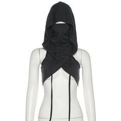 Sleeveless hoodie drawstring cross front ruched top