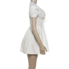 Puff sleeve v neck bowknot zip-up mini dress