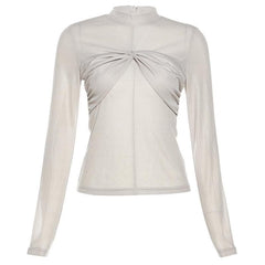Ruched high neck zip-up long sleeve solid top-final-sale