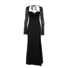 Sweetheart neck long sleeve self tie slit maxi dress-final-sale