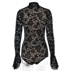 High neck long sleeve hollow out lace bodysuit-final-sale