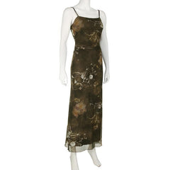 U neck print mesh cami maxi dress