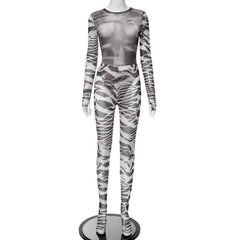 Gloves contrast print long sleeve sheer mesh see through bodysuit pant set-final-sale