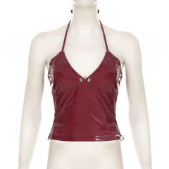 Halter v neck zip-up PU leather top