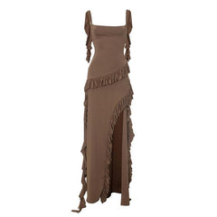 Square neck ruffle high slit cami maxi dress