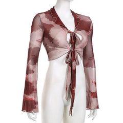 Sheer mesh see through long sleeve tie dye ruffle self tie crop top-final-sale
