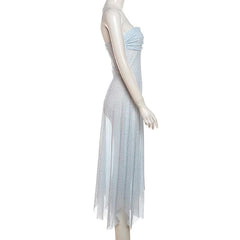 Sheer mesh ruffle flower print tube midi dress