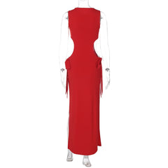 Crewneck sleeveless bowknot hollow out slit cut out maxi dress