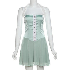 Halter button mesh backless mini dress-final-sale