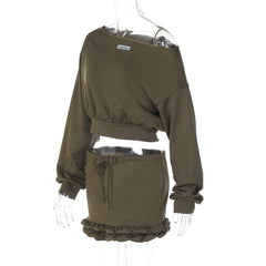 Long sleeve off shoulder self tie ruffle crop mini skirt set