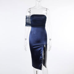 One shoulder irregular mesh ruched slit midi dress-final-sale