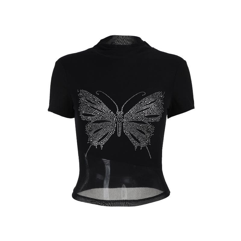 Short sleeve high neck butterfly beaded top