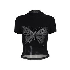 Short sleeve high neck butterfly beaded top