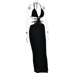 Hollow out self tie halter backless solid cut out maxi dress-final-sale