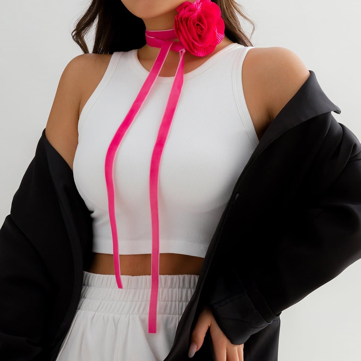 Flower applique self tie velvet choker necklace