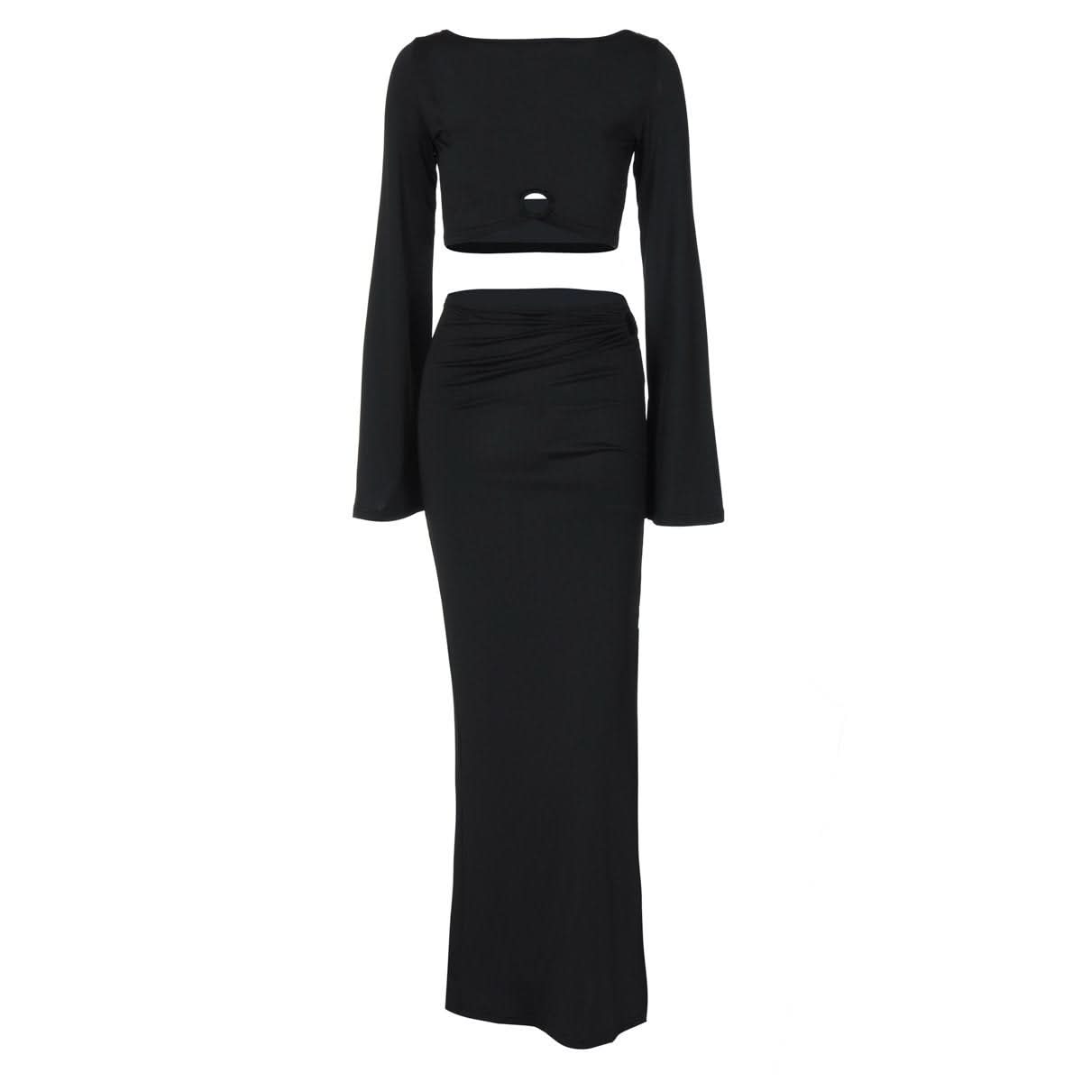 Long flared sleeve slit ruched hollow out maxi skirt set