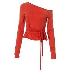 One shoulder irregular long sleeve ruched self tie top