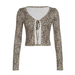 Leopard print long sleeve self tie crop top
