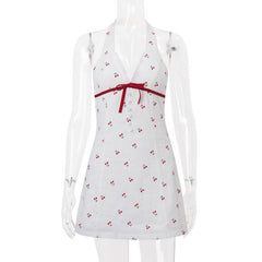 Halter v neck cherry print bowknot mini dress