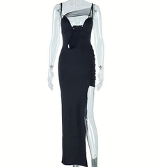 Irregular high slit ruched mesh hollow out cami cut out maxi dress
