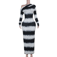 Irregular long sleeve one shoulder striped maxi dress-final-sale