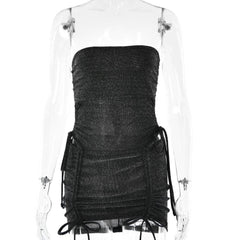 Drawstring textured backless solid bodysuit mini skirt set-final-sale