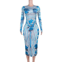 Crewneck long sleeve striped flower print midi dress