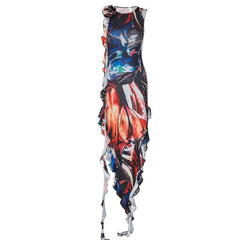 Ribbon sleeveless flower applique contrast print maxi dress-final-sale
