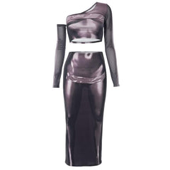 Long sleeve one shoulder body print irregular midi skirt set-final-sale