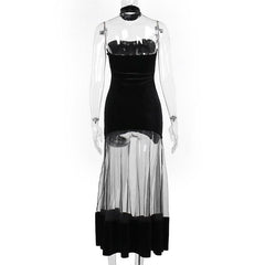 Ruched velvet mesh patchwork tube midi dress