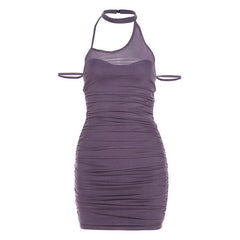 Halter off shoulder mesh irregular ruched mini dress
