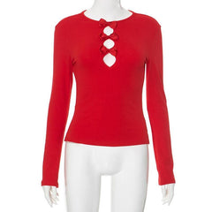 Bowknot long sleeve crewneck hollow out self tie cut out top