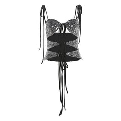 Glitter hollow out self tie backless v neck cami cut out top