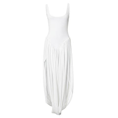 U neck ruched high slit backless cami maxi dress