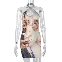 Halter ruched hollow out print backless cut out mini dress