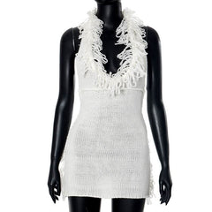 Halter self tie tassels knitted backless mini dress